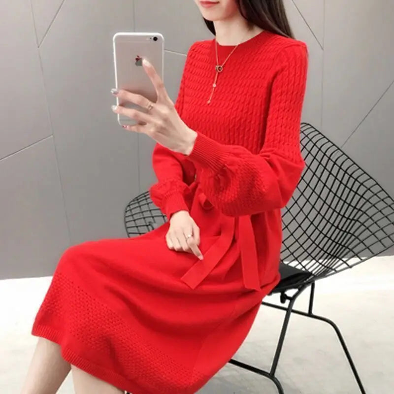 Solid O Neck Long Sleeve Sweaters Jersey Dress Elegant Fashion Harajuku Slim Fit Female Clothes Casual Sweat All Match Dresses