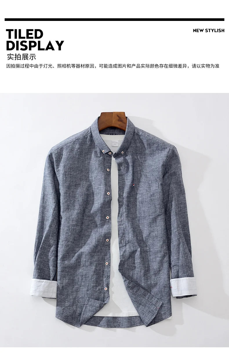 Shirt New Men's Fashion Solid Color Cotton Linen Everything Trend British Style Casual Business Formal Long-sleeved Shirt