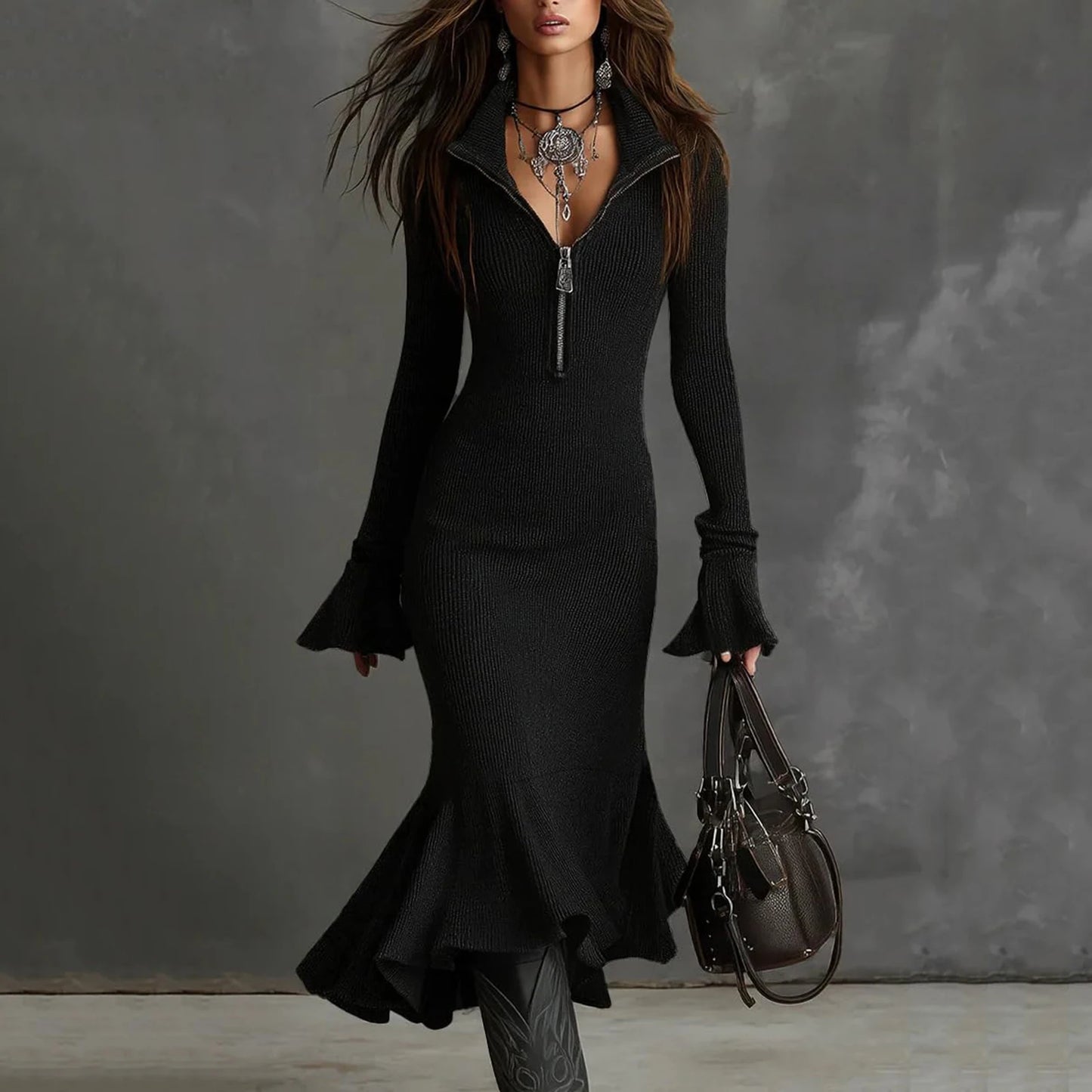 Fall Winter Sweater Dress Quarter Zip Bell Sleeve Mermaid Knit Bodycon Long Dress Trendy Chic Slim Fit Flared Hem Party Dress