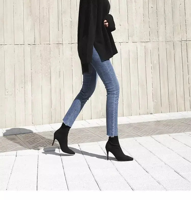 Comemore 2021 Autumn Winter High Heel Women's Shoes Pointed Toe Stiletto Ankle Boots Stockings Black Girls' Socks Boots Dress 34