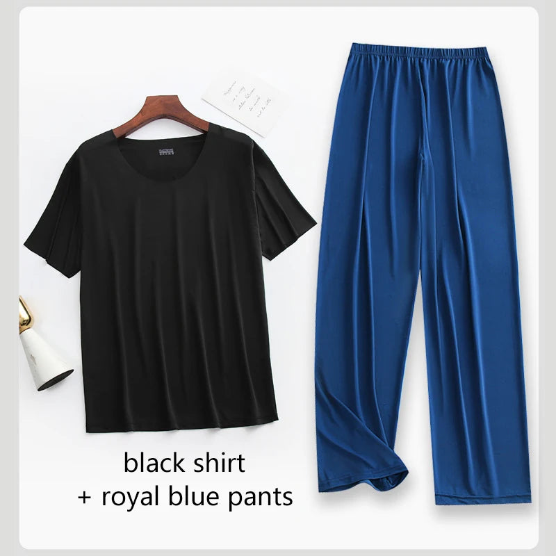 2Pcs/set Mens Ice Silk Short Sleeves T-Shirt & Long Pants Cool Thin Sleepwear Male Summer Pyjamas Home Clothing Nightwear Suit