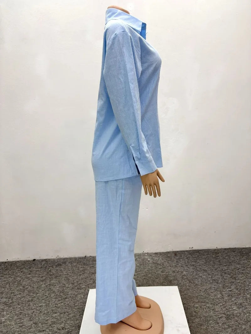 African Style Women 2 Piece Casual Outfits Blue Button Shirt & Wide Leg Pants Set Elegant Daily Streetwear Loose Loungewear