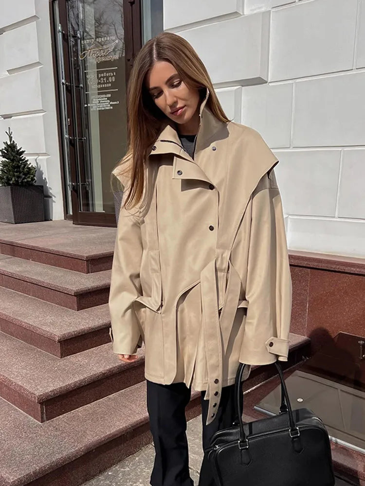 Solid Oversized Tie-waist Cropped Trench Coat Women Drop Shoulder Outerwear 2026 Lady Spring Modern Edgy Fashion Streetwear Coat