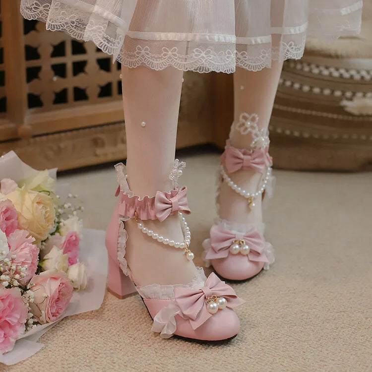 Ochanmeb Sweet Kawaii Girls Lolita Shoes Thick High Heels Cosplay Pumps Bow Knot Pearls Chain Ruffles Lovely Wedding Party Pumps