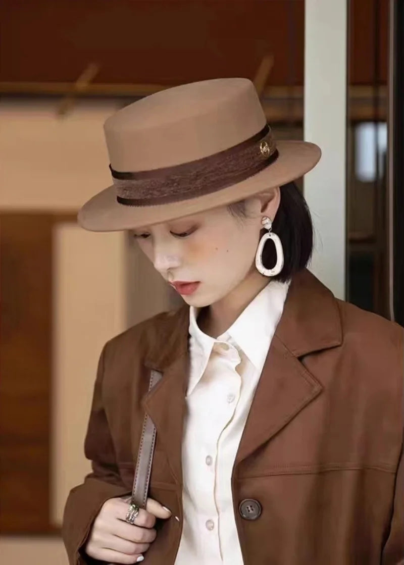 French fashion new autumn and winter all elegant vintage flat top hat women fashion wool felt hat