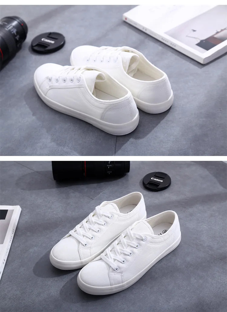 Unisex White Canvas Shoes Casual Summer Vulcanized Shoes Lace-up Students Cloth Shoe Women's Flats Sneakers Women Board Shoes