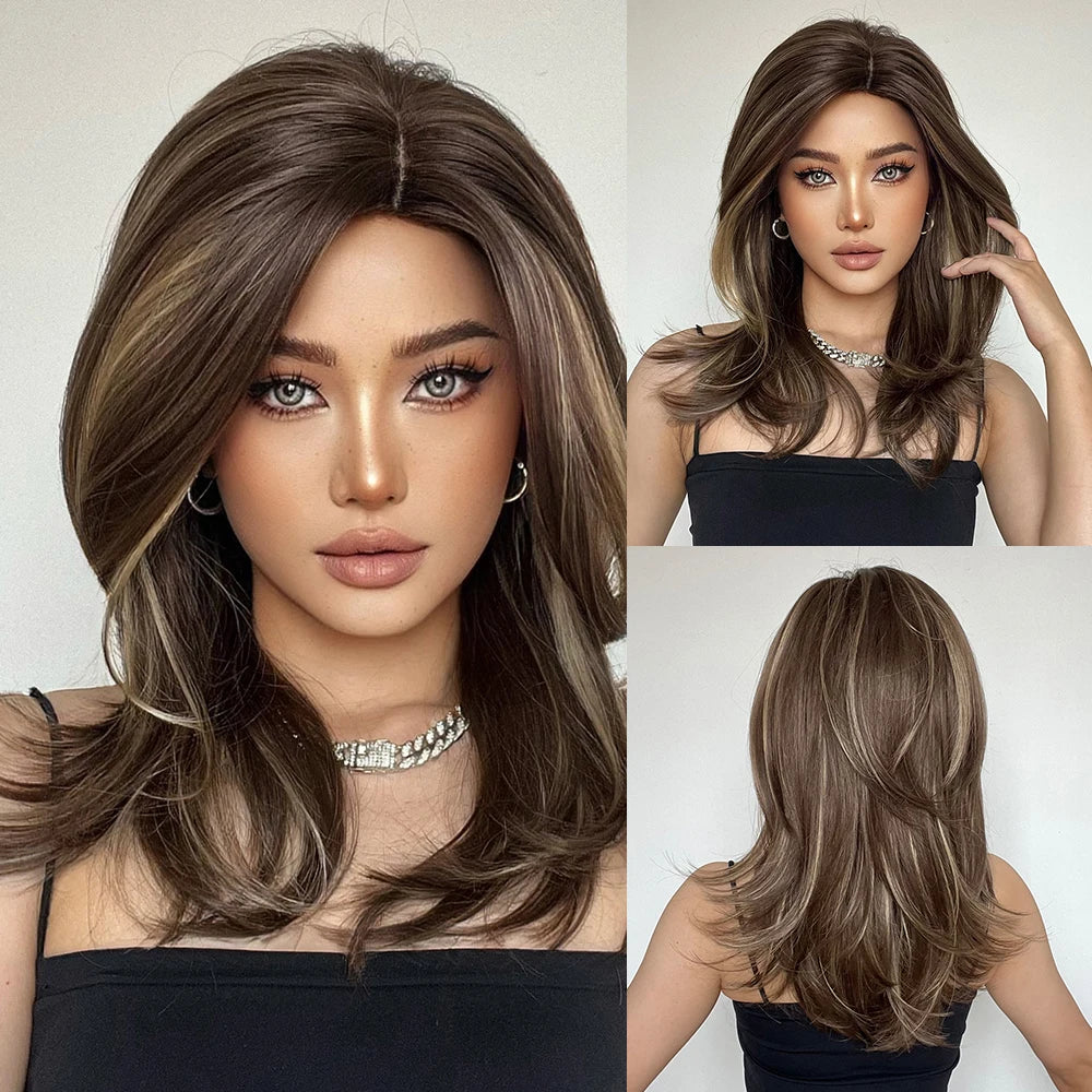 ELEMENT Synthetic Wig Medium Wavy Hair Ombre Brown Blonde Wigs for Women Daily Party Cool Heat Resistant Breathable Headband