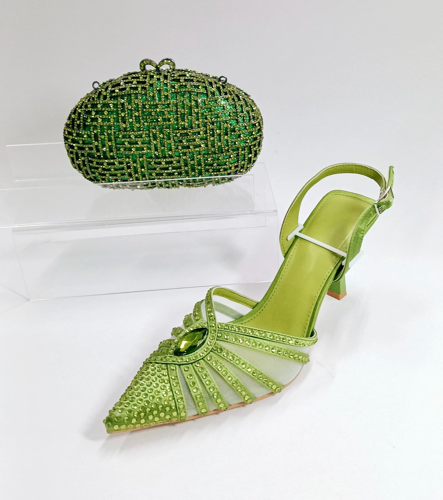 INSIGHTLINK Women Olive Green Pointed-Toe Sandals Women's High Heels Shoes and Bags for Party Rhinestone Evening Bags And Shoes