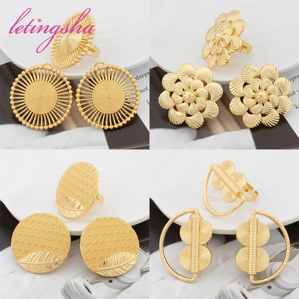 French Fashion New Collecation Jewelry African Gold Color Earrings Rings Sets Dubai Classic Women's Necklace Earrings Set Party
