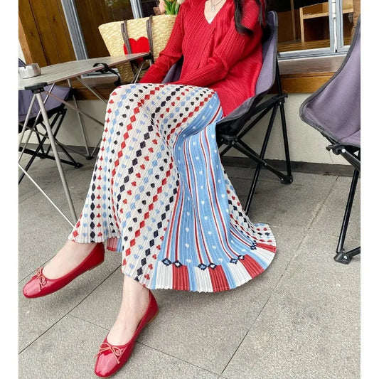 Pleated Printed A Line Skirt High Waist Long Flowy Skirt for Women