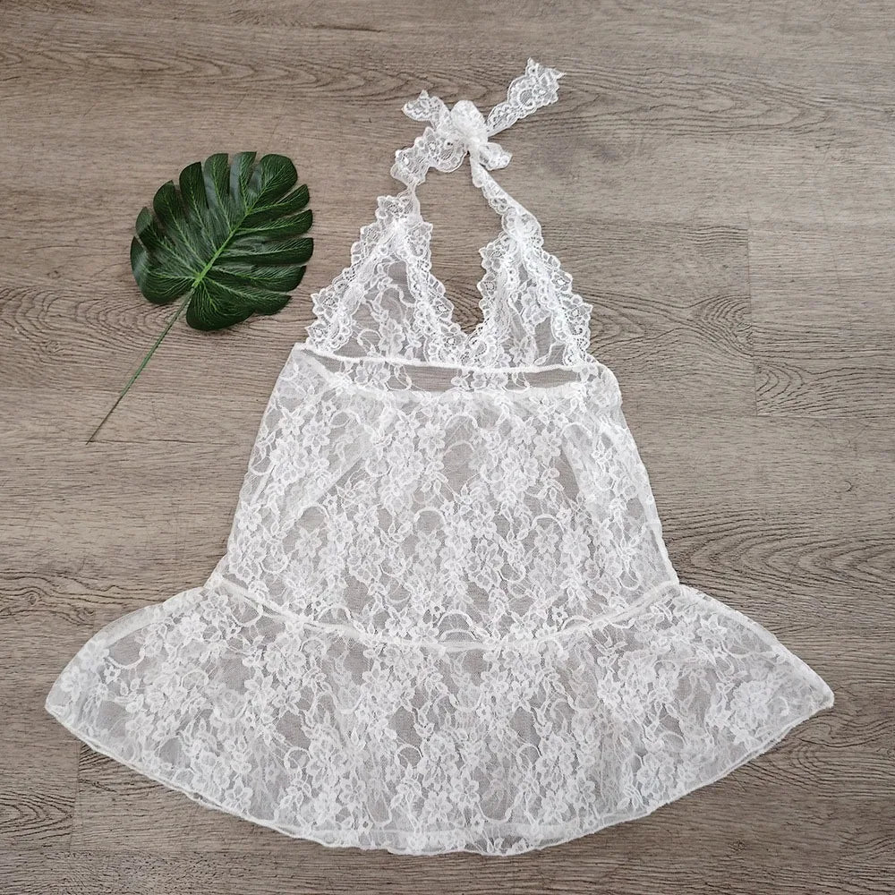 Fashion Transparent Lace Halter Dress V-neck Beachwear Lace-up Short Skirts A-line Spicy Girl Style Dresses Women Club