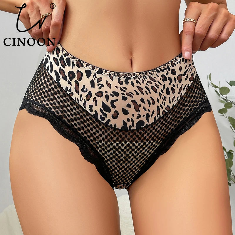 CINOON Women Sexy High Waist Leopard Print Panty Lace Mesh Stretchy Underwear Comfortable Transparent Hollow Out Lingerie