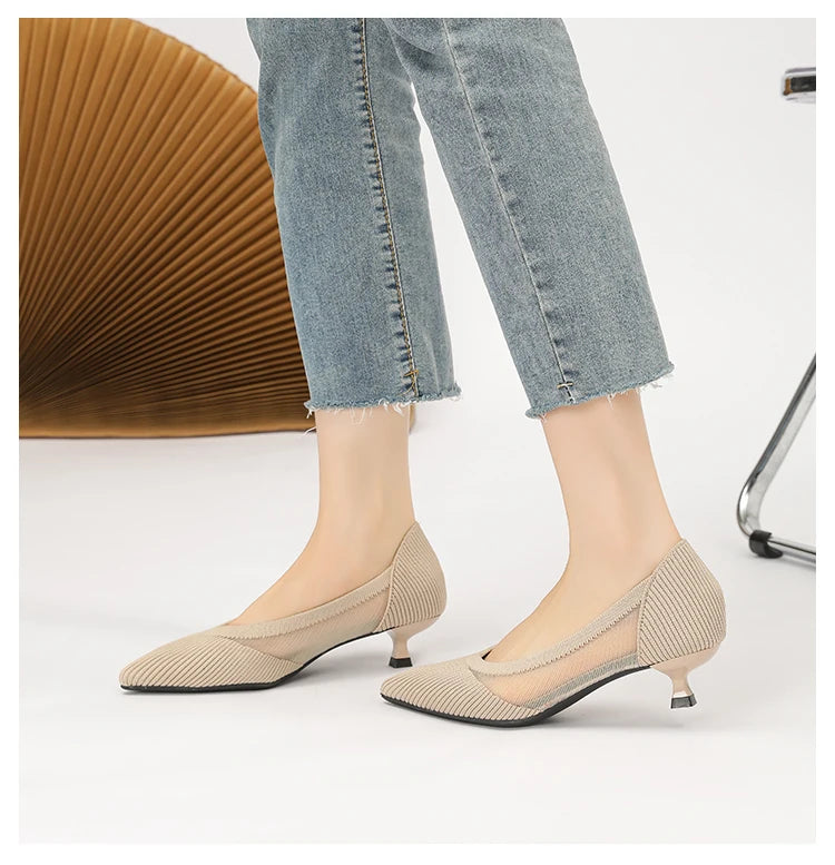 Women's High Heels 2025 New Knitted Breathable Mesh Fine Fashion Comfortable Lightweight Shoes Spring and Autumn
