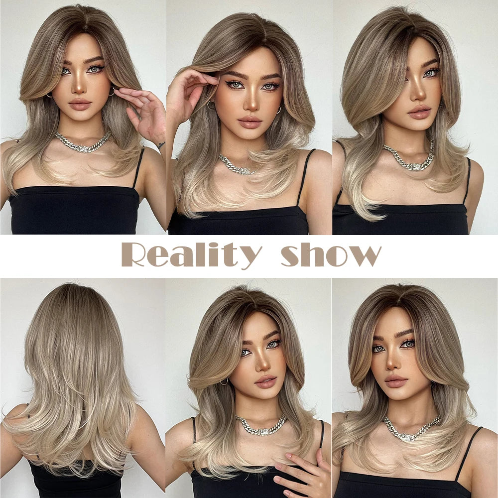 ELEMENT Synthetic Wig Medium Wavy Hair Ombre Brown Blonde Wigs for Women Daily Party Cool Heat Resistant Breathable Headband