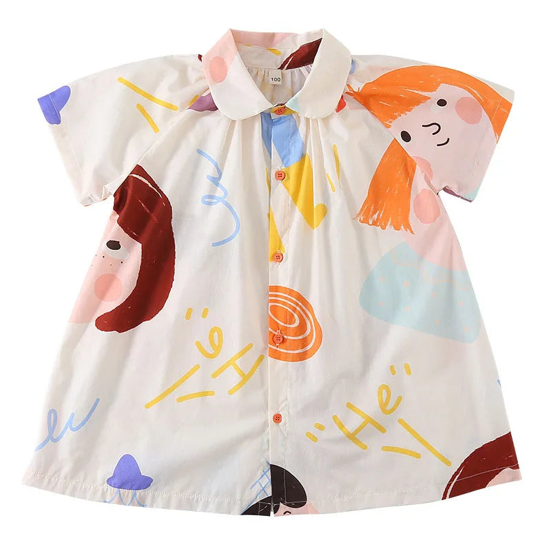 Loose Fit Summer Kids Clothes Set Girls Cute Graffiti Dress Boys Short Sleeved Shirt Children Thin Brother Sisters Outwear Suit