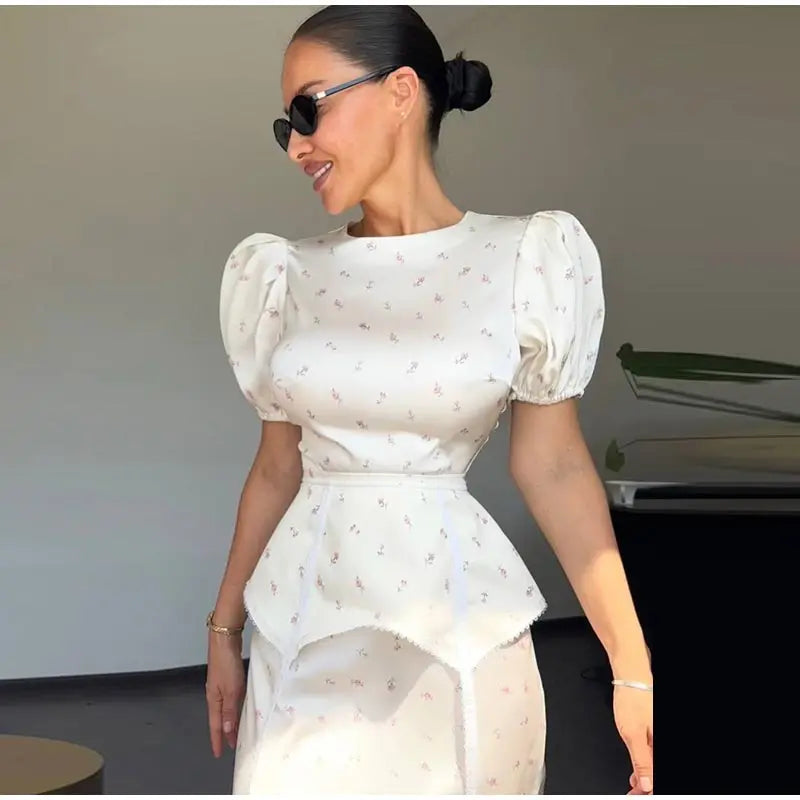 Women's White Floral Print Puff Sleeve Dress With Waistband Fashion Satin Ruffled Hem Maxi Dress Lady 2026 Elegant Party Robes