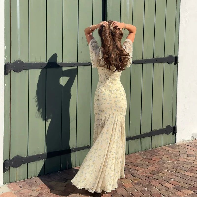 Vintage Print High Neck Midi Dress Belted Waist Bell Sleeve Flared Hem 2026 Summer Spring Chic Women Elegant Wedding Guest Gown