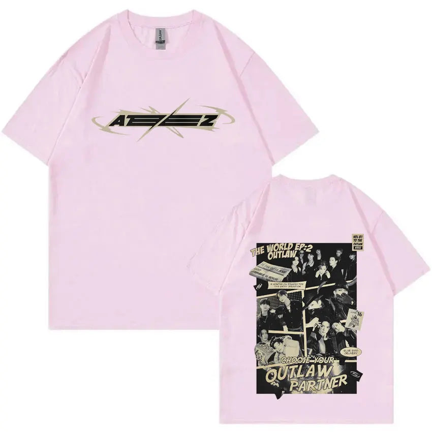 Hot Korean Kpop ATEEZ The World Ep: 2 Outlaw T-shirt 2025 World Tour Towards The Light Will To Power Tshirt Male Fashion Tees