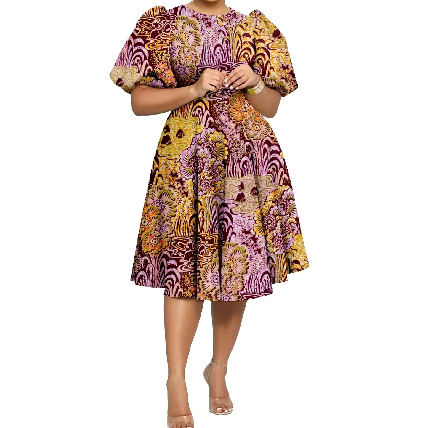 African Clothes for Women Girl Lady Dress Skirt Short Bubble Sleeve Blow the Knee Fashion Causal Bazin Riche Ankara Y2325085