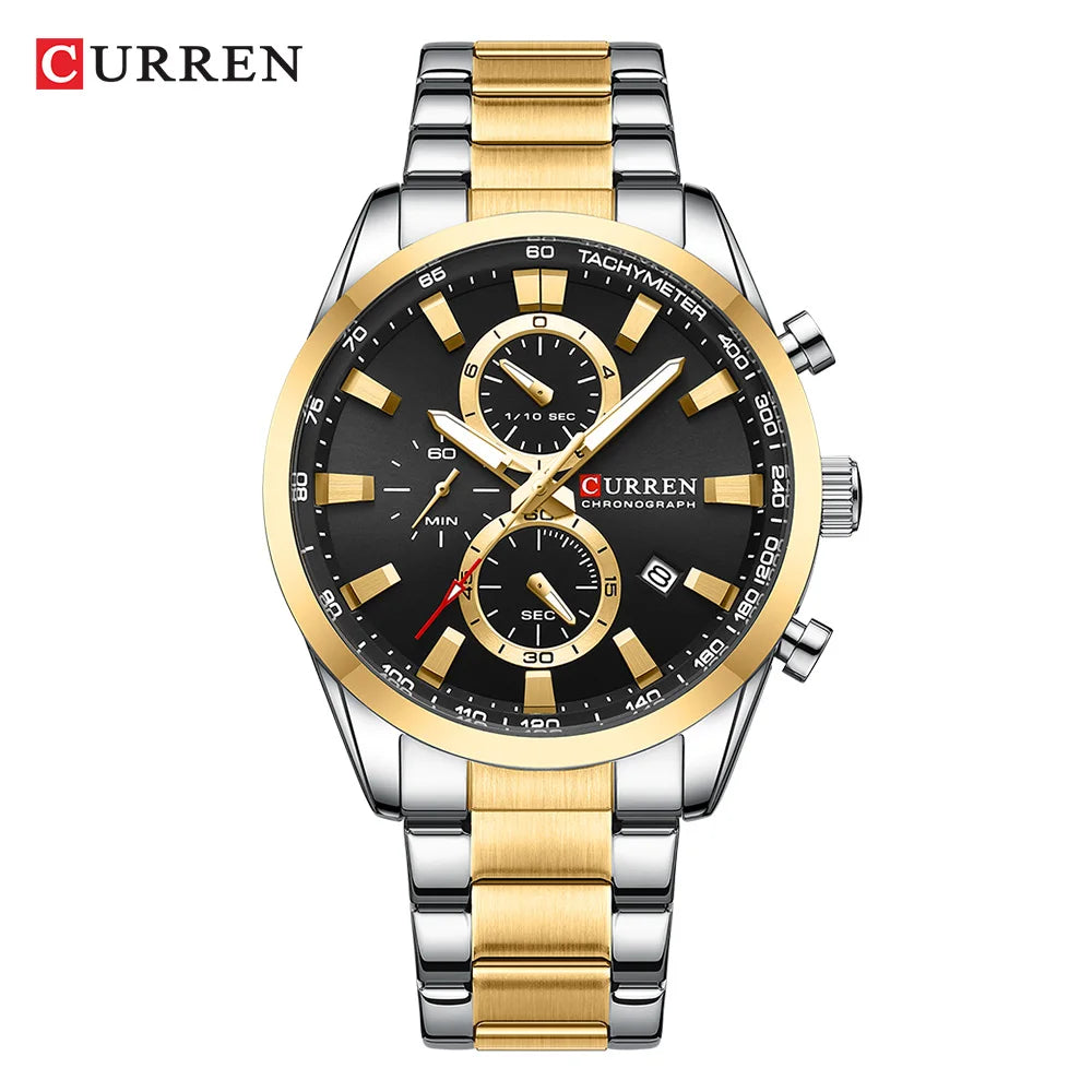 CURREN  New Sports Multifunction Stainless Steel Band Watches Fashion Brand Quartz Men's Wristwatches with Date