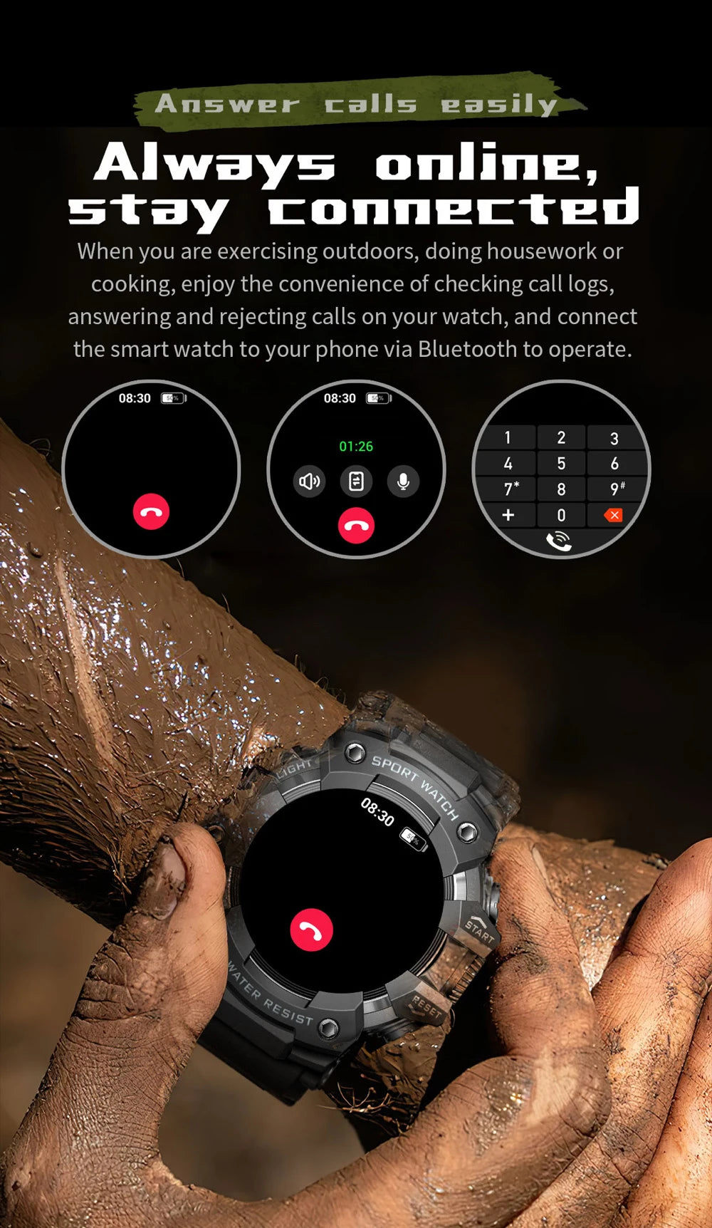Outdoor Sports Smart Watches Men Blue Tooth Call Smartwatch Compass Waterproof Sleep Health Monitoring Message Push Flashlight