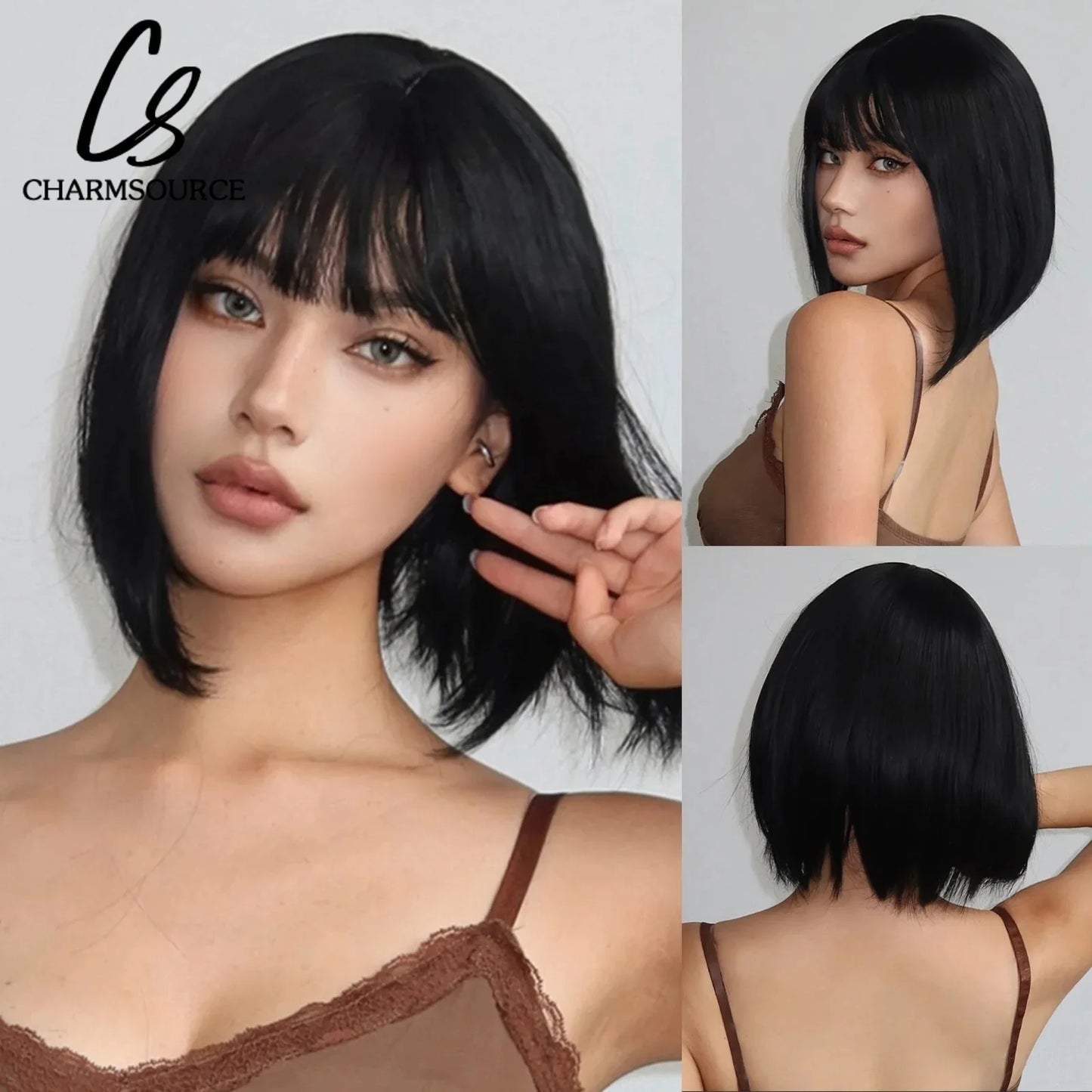 Copper Ginger Short Bob Straight Synthetic Wig with Bangs Heat Resistant Natural Looking Hair for Women Daily Use Cosplay Party