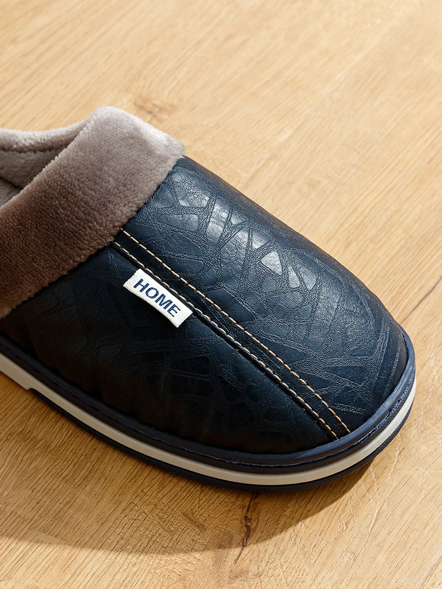 Big Size Men's slippers Winter Indoor Waterproof PU Leather Large Sizes Home Cotton shoes Fur Flat Cotton Bedroom Houseshoes