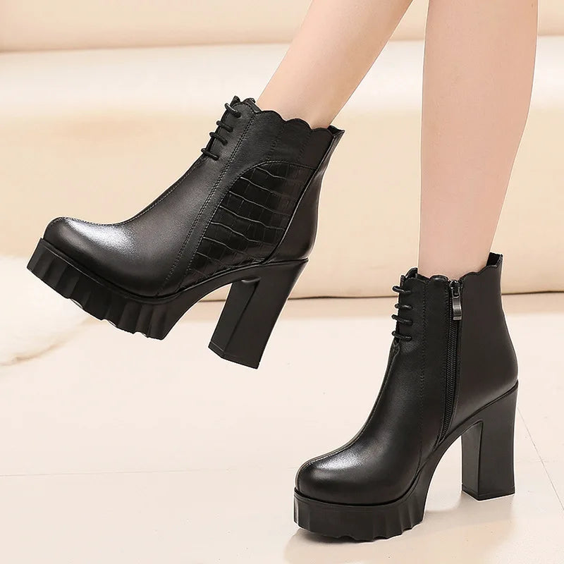 10cm Small Size 32-43 Elegant Fashion Soft Leather Boots Women Platform Shoes 2025 Winter Block High Heels Ankle Boots Office