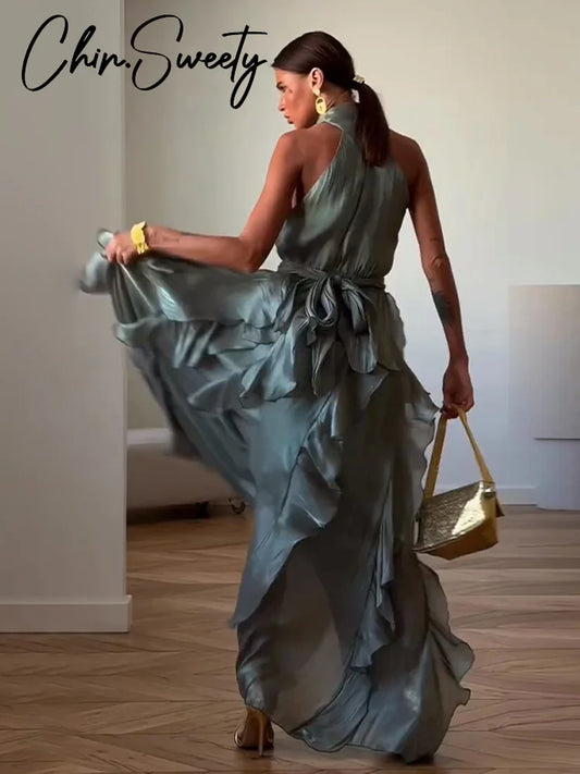 Sexy Cascading Ruffle Pleated Women Long Dress Fashion Lace Up Sleeveless Empire Female Dresses 2026 Spring Summer Lady Robe New