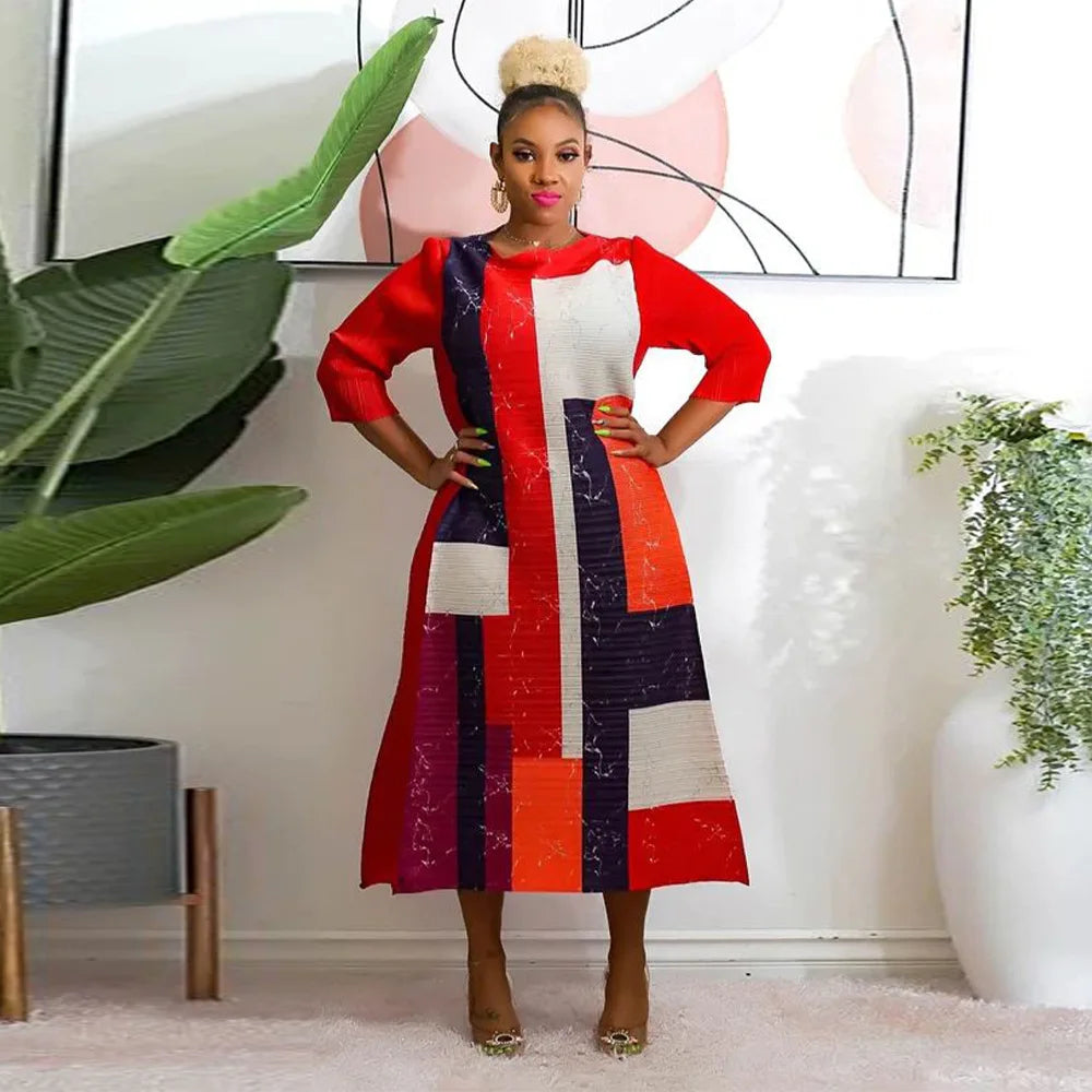 African Dresses for Women Summer Fashion Style African 3/4 Sleeve Polyester O-neck Pleated Dress Dashiki African Clothes Women