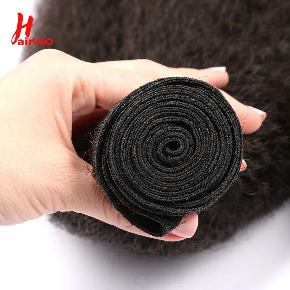 HairUGo Brazilian Kinky Straight 1/3 Bundles Remy Yaki Straight Bundles Human Hair Extensions Natural Color Human Hair Weave
