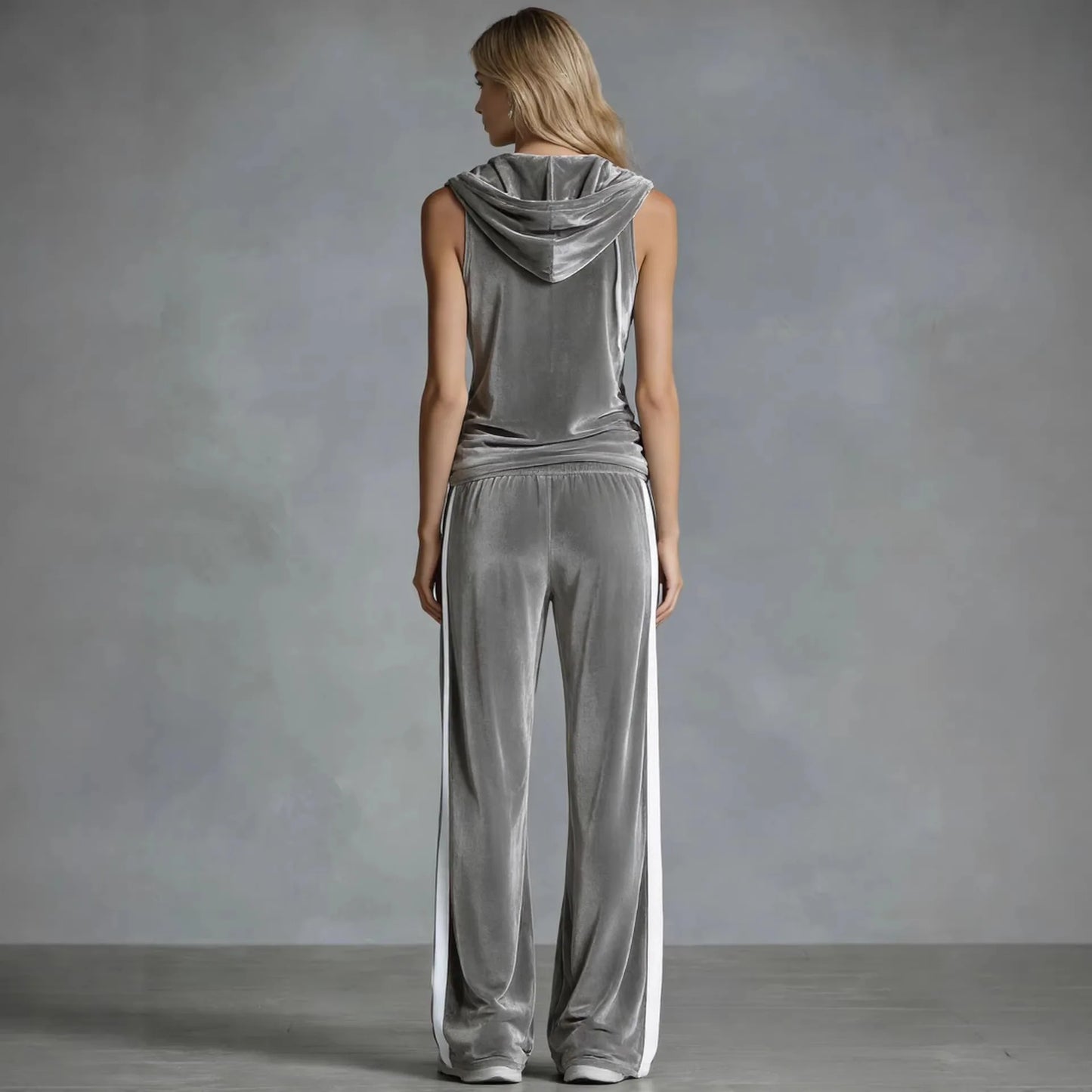 Casual Summer Trousers Set Fashionable Solid Color Loose Gold Velvet Sleeveless Hooded Top Lace-up Trousers Sports Two-piece Set