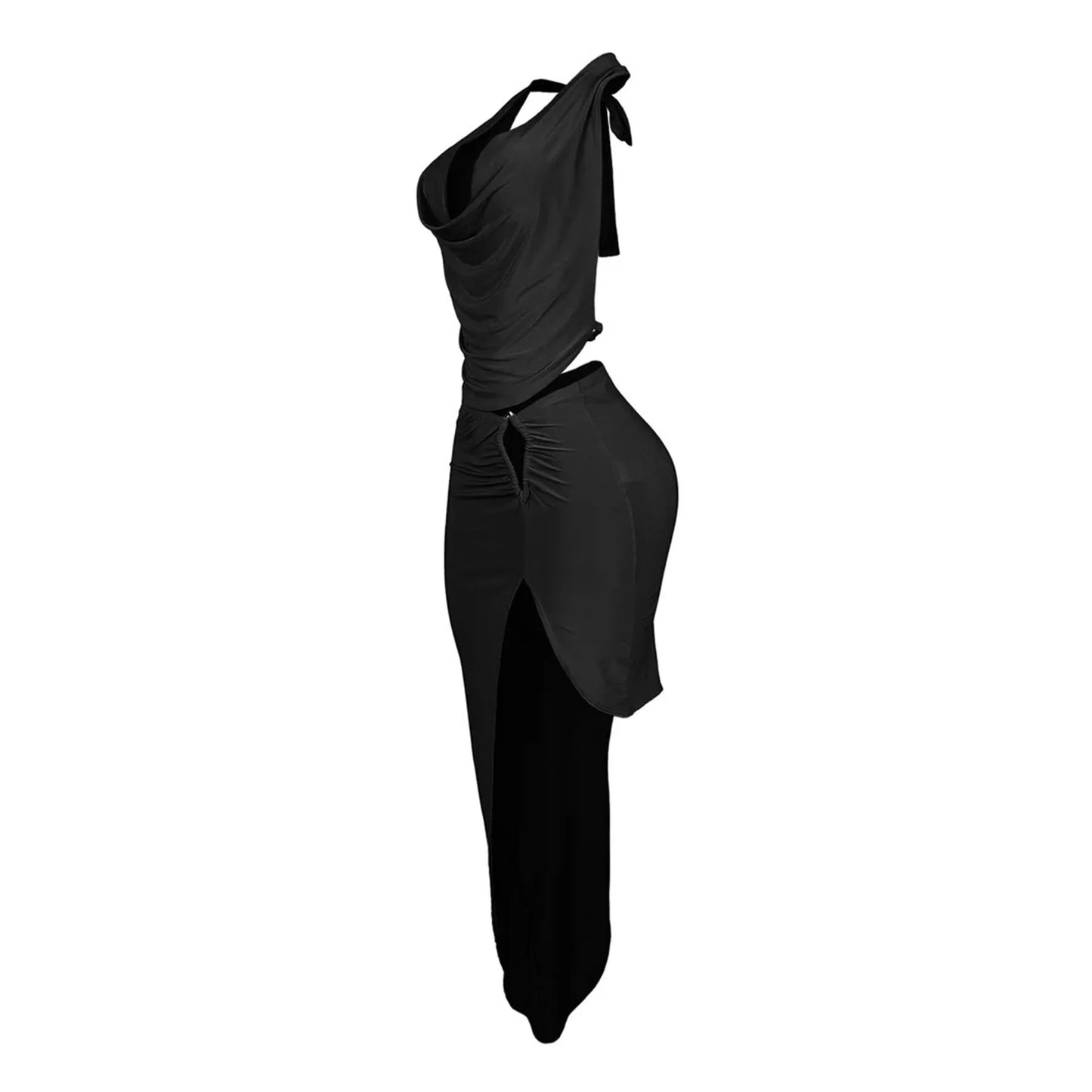 CM.YAYA Women's Set Halter Neck Backless Crop Top High Side Split Slim Maxi Skirts Suit 2025 Beach Sexy Two 2 Piece Sets Outfits