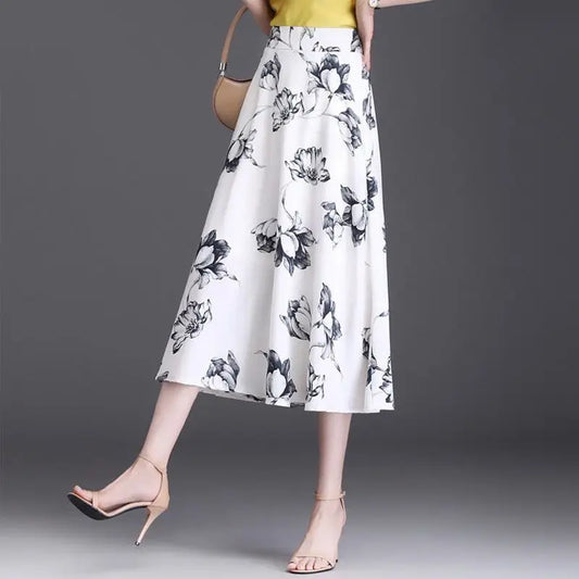 Women Ink Floral Print Midi Skirt High Waist Elastic Waist A Line Casual Elegant Long Skirt
