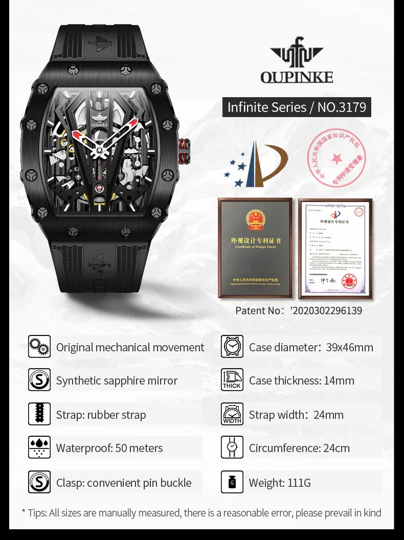 OUPINKE 3179 Automatic Watches for Man Silicone Strap Sapphire Mirror Waterproof Skeleton Tonneau Mechanical Men's Wristwatches