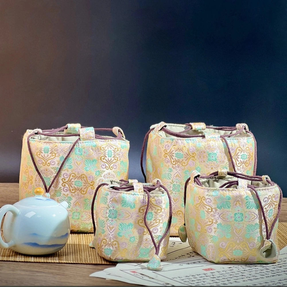 Chinese Style Tea Set Organizer Bag Embroidered Breakage-proof Teacup Drawstring Cloth Pouch Tea Ceremony Accessories