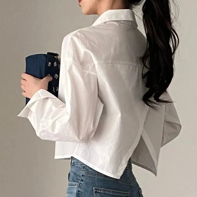 Zadily White Casual Long Sleeve Crop Top Blouse Korea Style Women Spring 2023