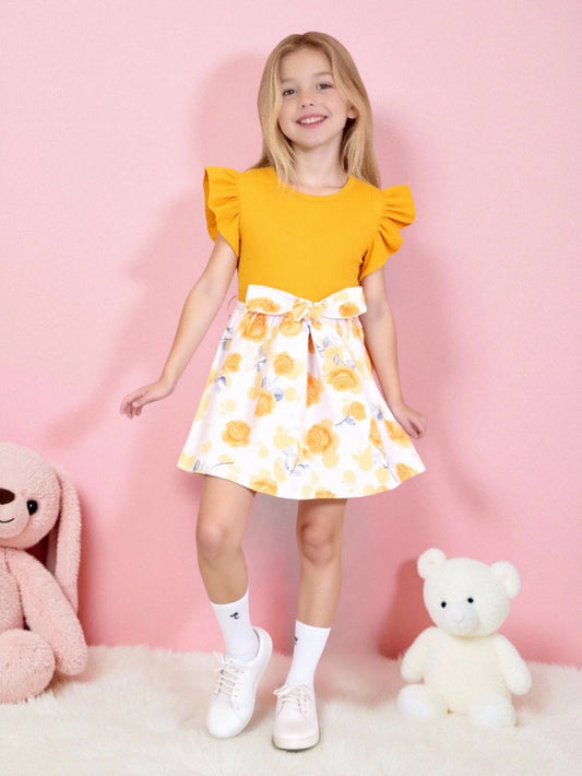Girl's Floral Print Knitted Skirt Casual Sweet Cute Waist Cinched Knee High round Neck Dress Summer Fashion Children's Clothing