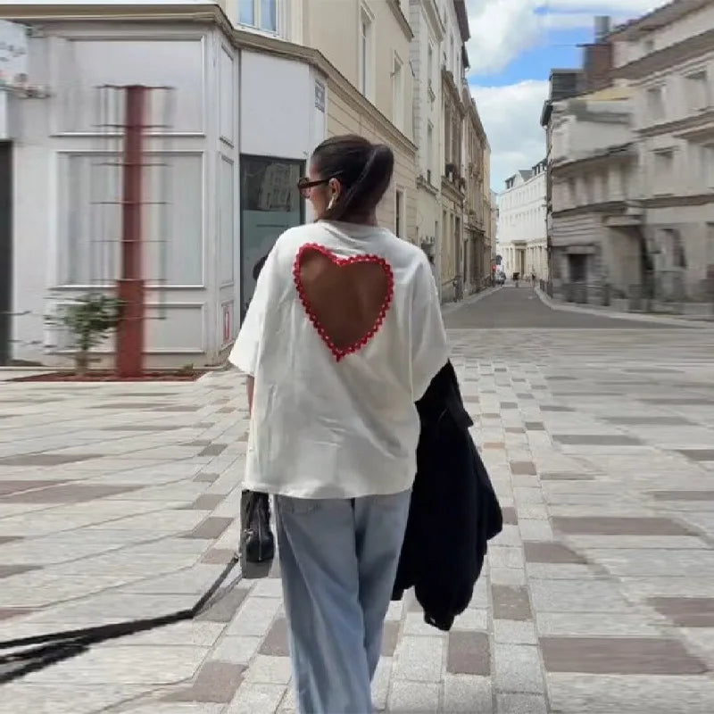 Y2k Style White Oversized T Shirt Women Fashion Backless Heart Cutout Red Trim Half Sleeve Tops Summer Casual Streetwear Outfits