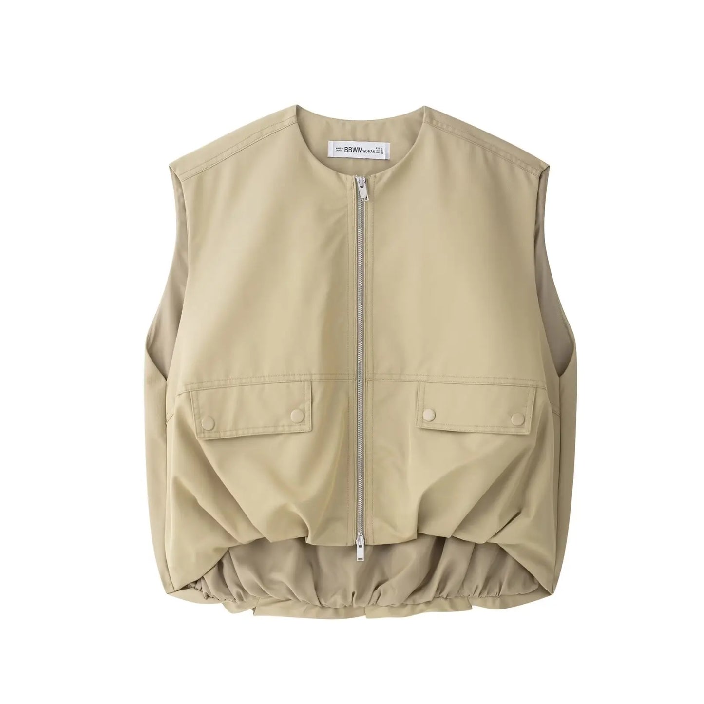 HH Women's New Fashion Versatile Round Neck Sleeveless Double Zipper Vest Female High Street Pleated Hem Loose Casual Vest