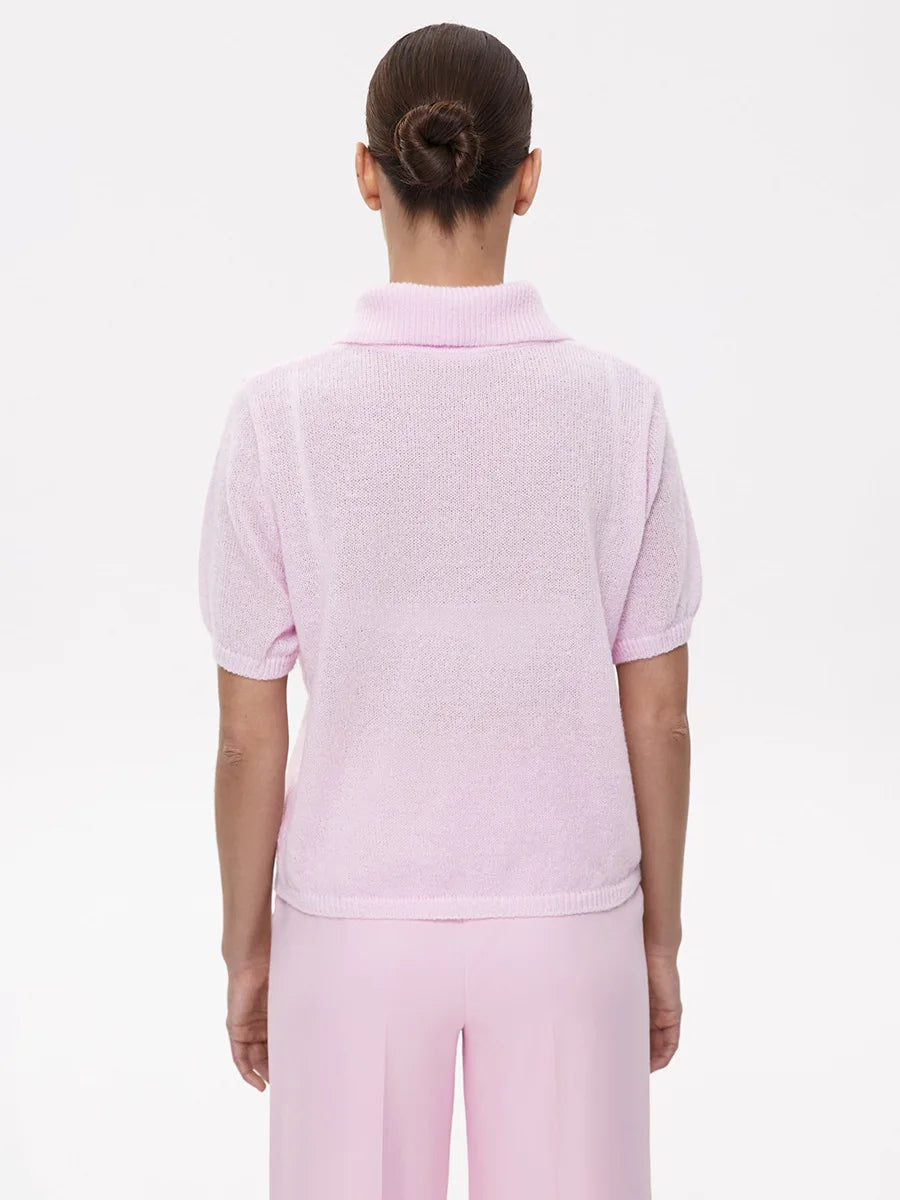 Bronladies Women's Polo Hollow Knitted Short Sleeved Sweater Spring Summer Bubble Sleeve T-shirt Female Simple Knitted Sweater