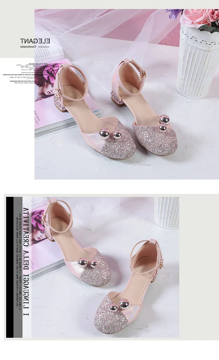 Princess Kids Leather Shoes Girls Sandal Sweet Pearl Casual Glitter Children High Heels Girls Party Dance Shoes Pink Gold Silver