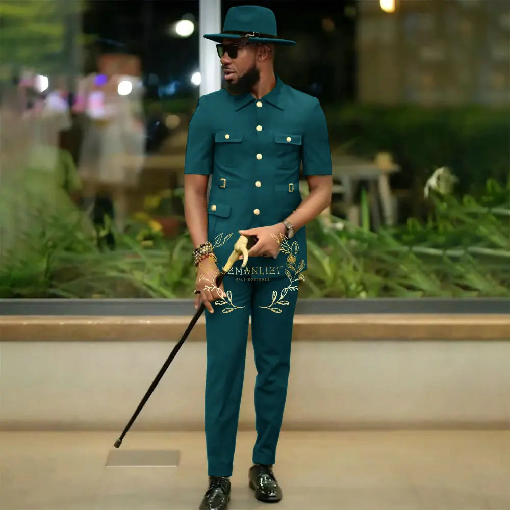 African Style Suits Men For Wedding Customized 2 Pieces Single Breasted Jacket Pants 2 Pieces Groom Tuxedos costume homme