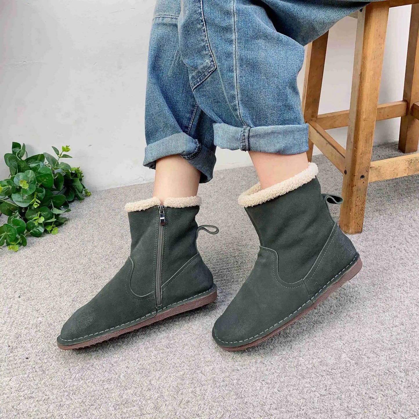 Careaymade-Genuine cow leather Snow cotton round head flats woolen short boots plush warm snow boots Oversized shoes size 35-43