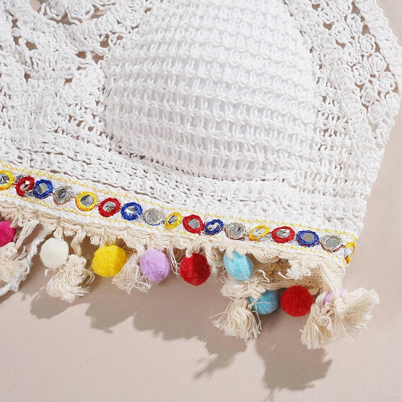 Bohemian Ethnic Style Sexy Knit Backless Short Crop Top For Women Lightweight Hollow Out Crochet Tassels Hem Halter Bras Bustier