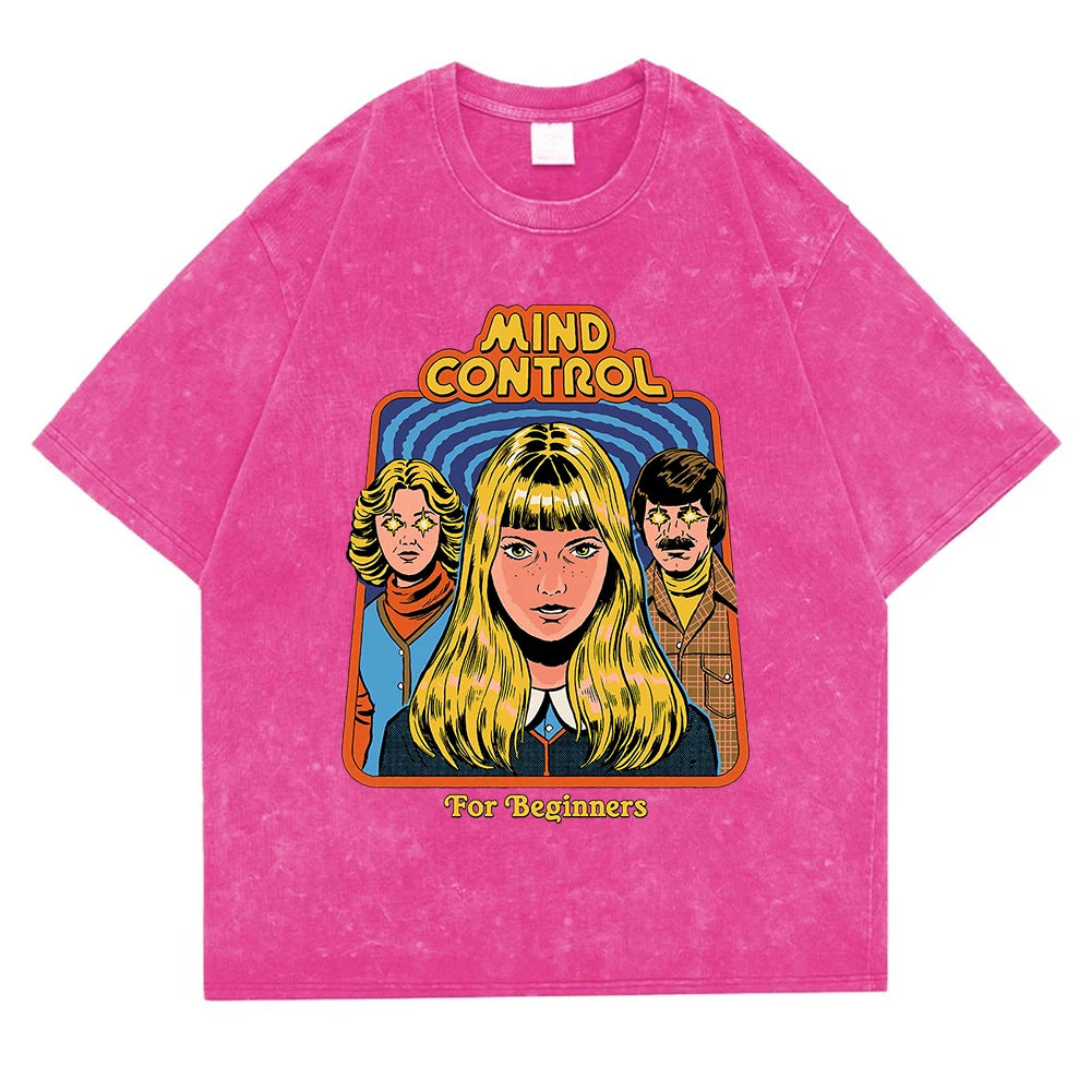 Mind Control For Beginners Washed Retro Men T Shirt Casual Oversize T-Shirt High Quality Cotton T-Shirt Summer Short Sleeve