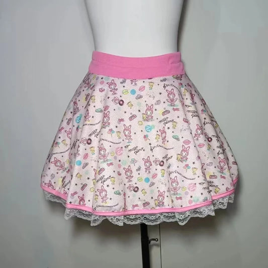 Japanese Mini Skirt Women Sweet Kawaii Cartoon Anime Print Lolita Skirt Cute A-line Lace Patchwork Skirts Y2k Harajuku Clothes