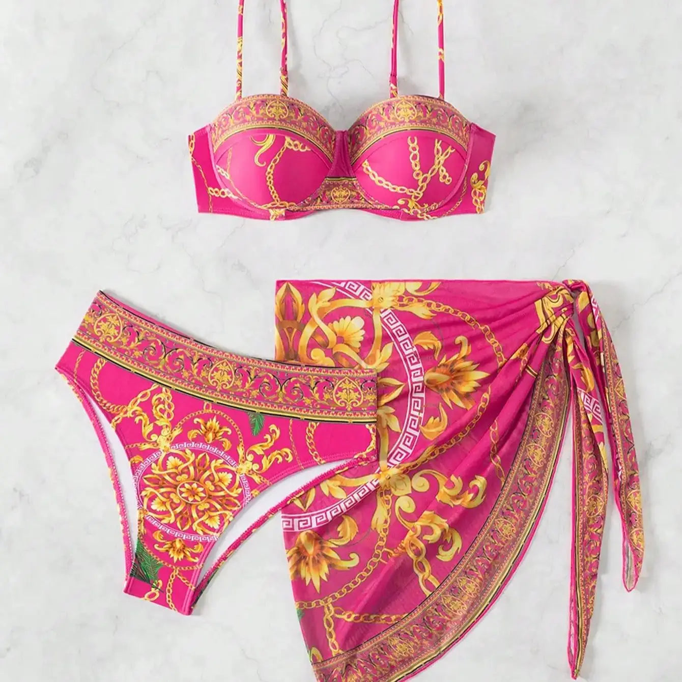 Summer Beach Vacation Chain Print Wrap Dress Bikini Swimwear Three-Piece Set for Women