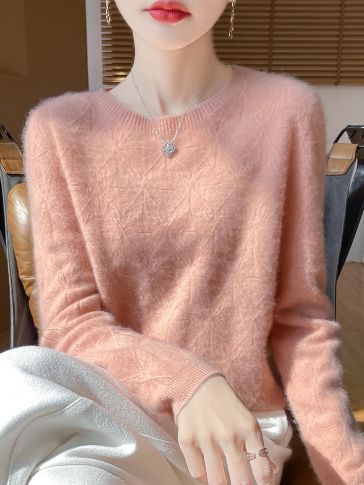 Women 100% Merino Wool Sweater Casual Hollow out Cashmere Blouse O-neck Pullover Tops Autumn Winter Warm Knit Woman Wool Sweater
