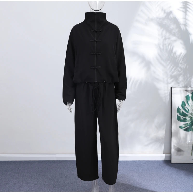 Casual Zipper Shirt Pants Suit Women Solid Button Stand Collar Drawstring Shirts Loose High Waist Trousers 2026 Spring Set Lady